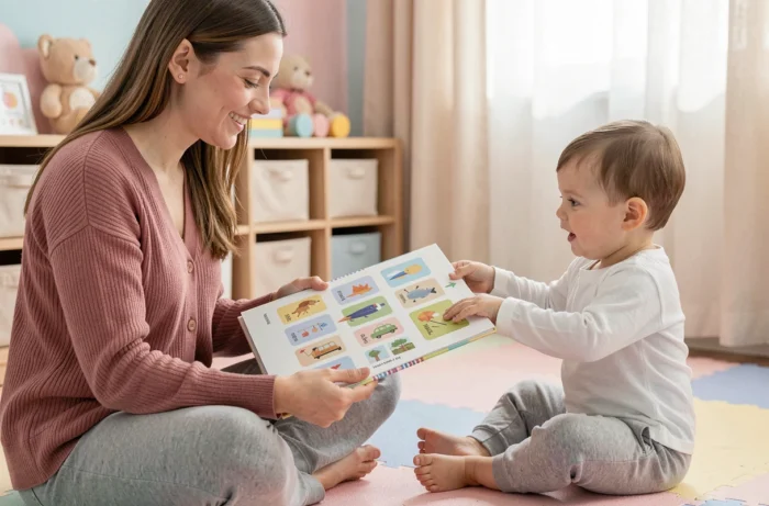Jeune femme lisant un livre illustré avec un tout-petit pour stimuler son éveil cognitif dans une salle de jeux