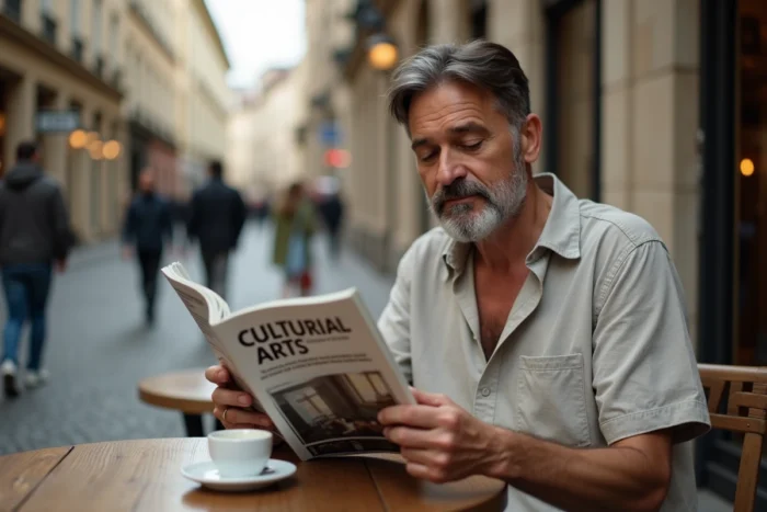 Homme lisant un magazine artistique en terrasse de café dans la vieille ville de Luxembourg