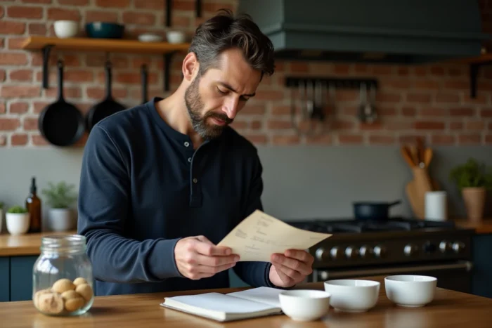 Homme consultant une fiche recette manuscrite entouré d'ingrédients préparés dans une cuisine rustique