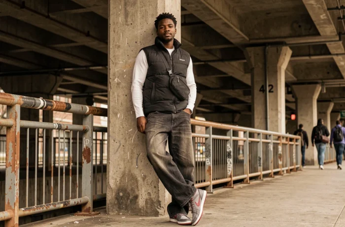Jeune homme en look streetwear tendance avec doudoune sans manches et jean wide-leg sous une structure urbaine en béton