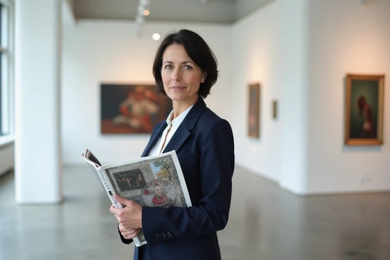 Femme consultant un magazine culturel dans une galerie d'art moderne au Luxembourg
