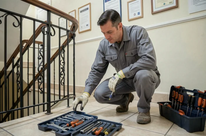 Technicien de maintenance inspectant la rampe d'escalier d'une copropriété bien entretenue