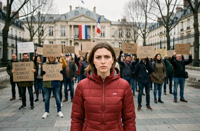 Manifestation citoyenne sur une place publique française avec des résidents exprimant leurs préoccupations de quartier