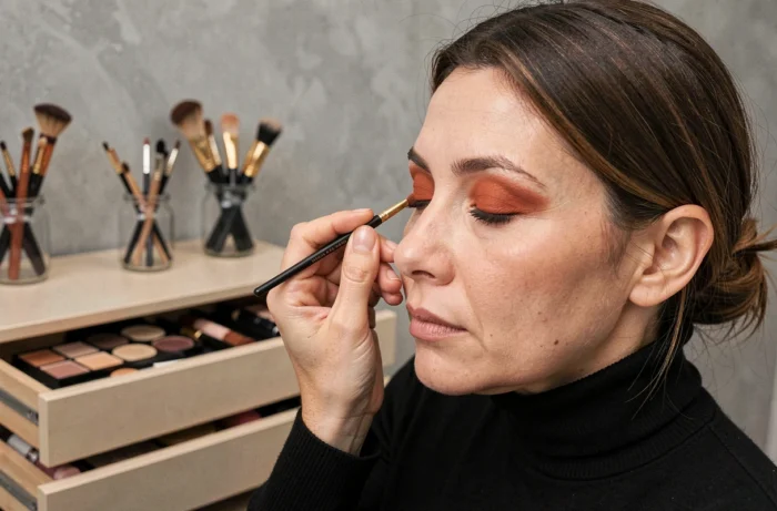 Maquilleuse professionnelle appliquant un fard à paupières terracotta sur un modèle dans un studio beauté moderne