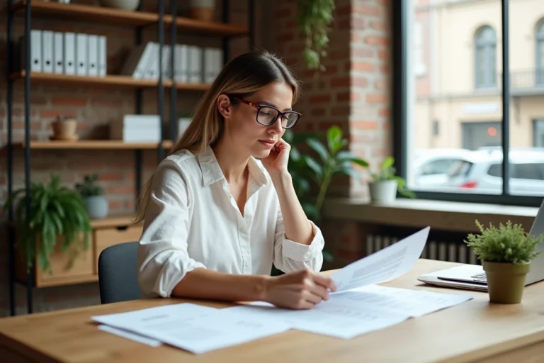 Femme professionnelle révisant une charte éthique d'entreprise dans un bureau minimaliste avec des matériaux durables et des notes sur le marketing responsable