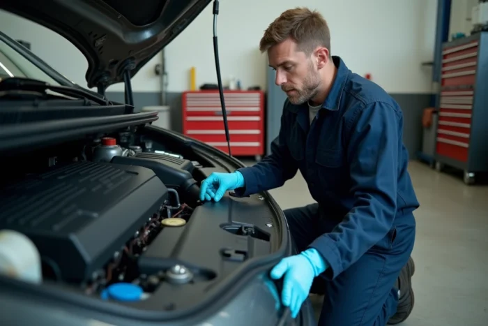 Mécanicien en uniforme bleu inspectant le moteur HDi d'une Peugeot 308 pour réamorcer la pompe à gasoil