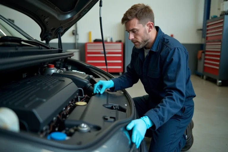 Mécanicien en uniforme bleu inspectant le moteur HDi d'une Peugeot 308 pour réamorcer la pompe à gasoil