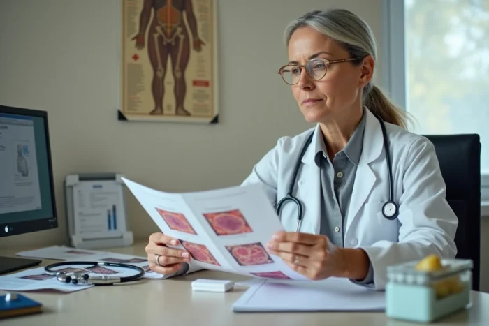 Médecin généraliste consultant un dossier dermatologique avec un spécimen de galle de chêne posé sur son bureau