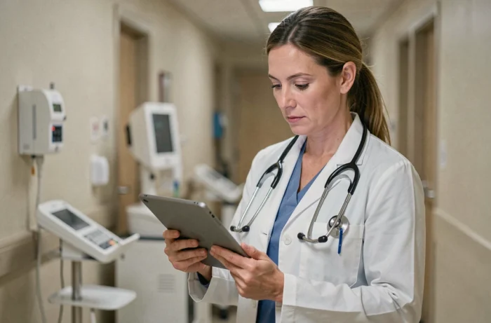 Médecin femme consultant une tablette numérique dans un couloir d'hôpital moderne