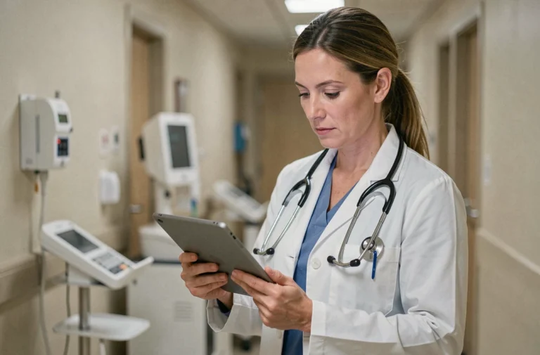 Médecin femme consultant une tablette numérique dans un couloir d'hôpital moderne