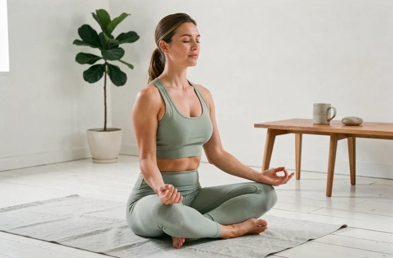 Femme en méditation sur un tapis de yoga dans un salon minimaliste et apaisant pour améliorer le bien-être quotidien