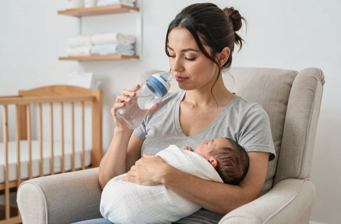 Mère allaitant son nouveau-né avec un biberon MAM dans une chambre de bébé minimaliste