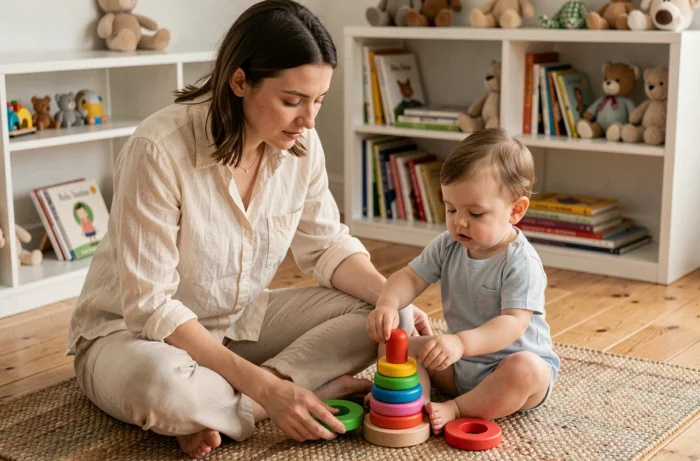 Mère accompagnant l'éveil de son jeune enfant avec des jouets éducatifs en bois dans un salon chaleureux