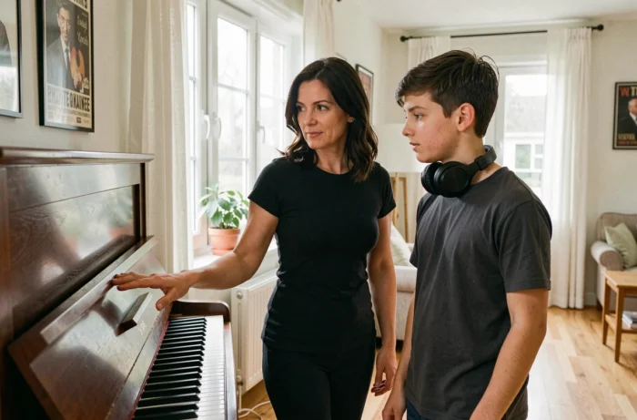 Une mère chanteuse et son adolescent de fils partageant un moment musical autour d'un piano dans un salon lumineux