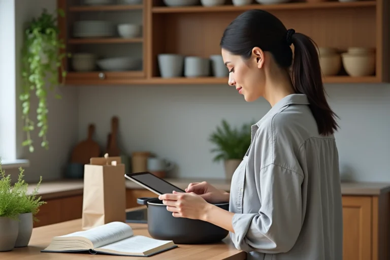 Mère moderne multitâche dans une cuisine scandinave, consultant une tablette tout en cuisinant pour sa famille