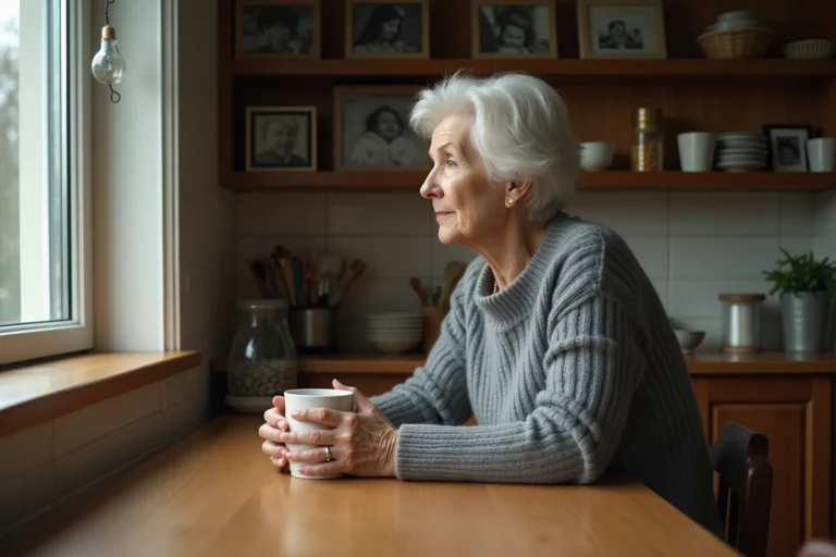 Femme âgée seule à table tenant une tasse, regard mélancolique évoquant la douleur de l'ingratitude des enfants adultes