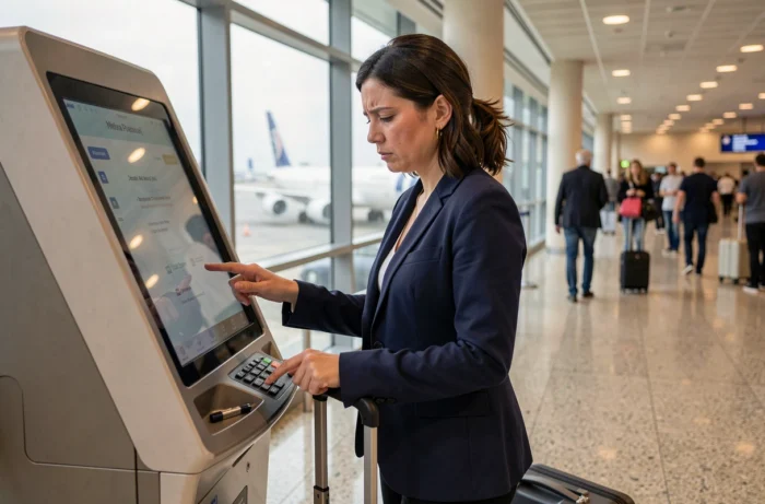 Femme consultant un kiosque d'enregistrement automatique à l'aéroport pour modifier les détails de son vol