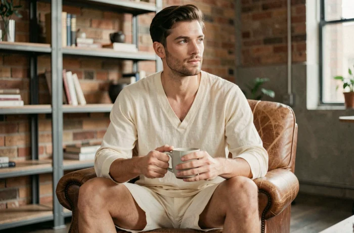 Homme en nuisette masculine crème assis dans un fauteuil en cuir dans un loft urbain, tendance mode loungewear masculin