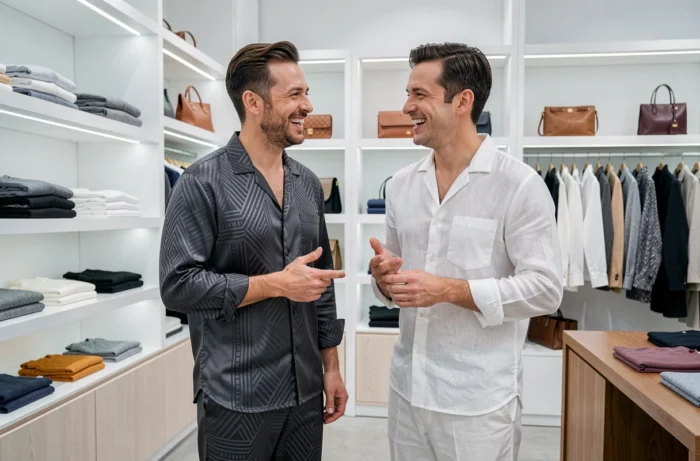 Deux hommes portant des nuisettes masculines tendance dans un concept store mode, comparaison soie et lin pour le loungewear masculin