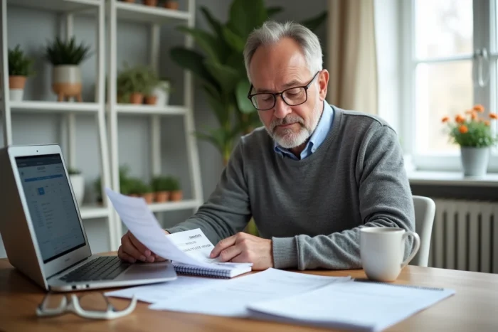 Homme consultant les tarifs ADMR et optimisant ses dépenses grâce au CESU préfinancé sur un bureau à domicile avec ordinateur portable