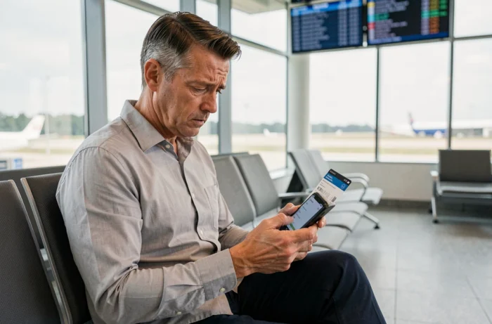 Passager consultant l'application de sa compagnie aérienne pour modifier son vol après l'enregistrement