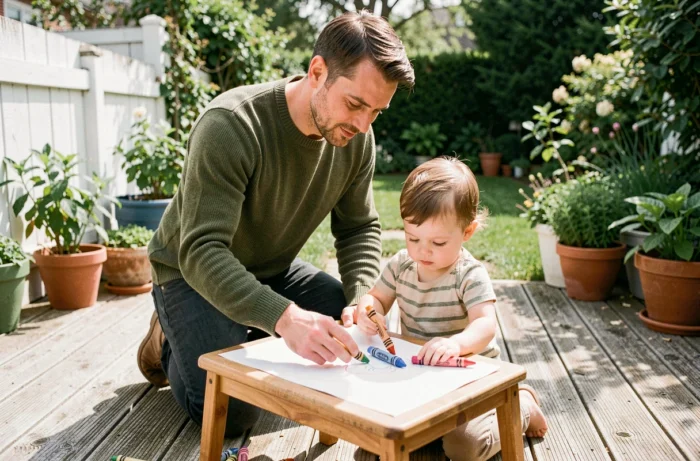 Père aidant son enfant en bas âge à développer sa créativité avec des crayons sur une terrasse en bois