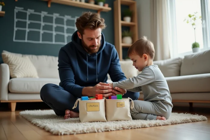 Père moderne aidant son enfant à ranger des jouets dans un salon organisé avec planning familial au mur