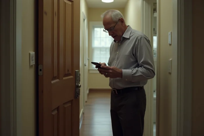 Père âgé debout près de la porte d'entrée regardant son téléphone sans réponse, symbolisant la distance émotionnelle avec ses enfants adultes