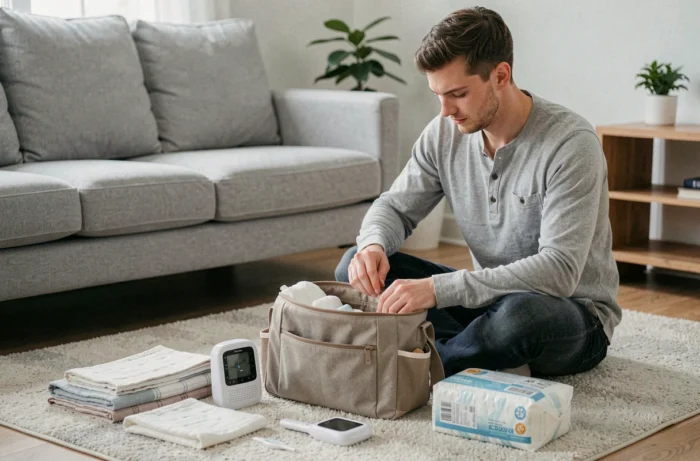 Jeune père organisant les essentiels pour bébé dans un sac à langer sur le tapis du salon, entouré d'accessoires de puériculture