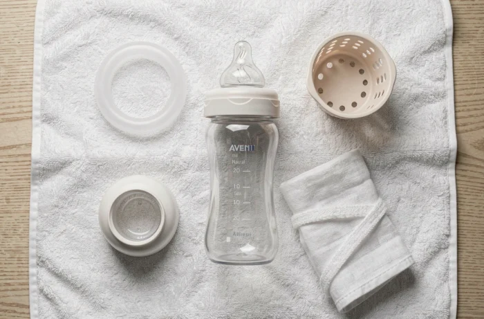 Pièces détachées d'un biberon Philips Avent Natural disposées en flat lay sur un tapis à langer blanc