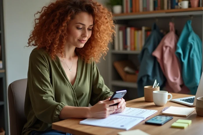 Mère organisée planifiant la semaine familiale à son bureau à domicile avec agenda et application calendrier
