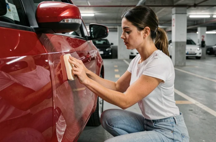 Femme appliquant un produit de polish sur la portière d'une voiture rouge dans un parking souterrain
