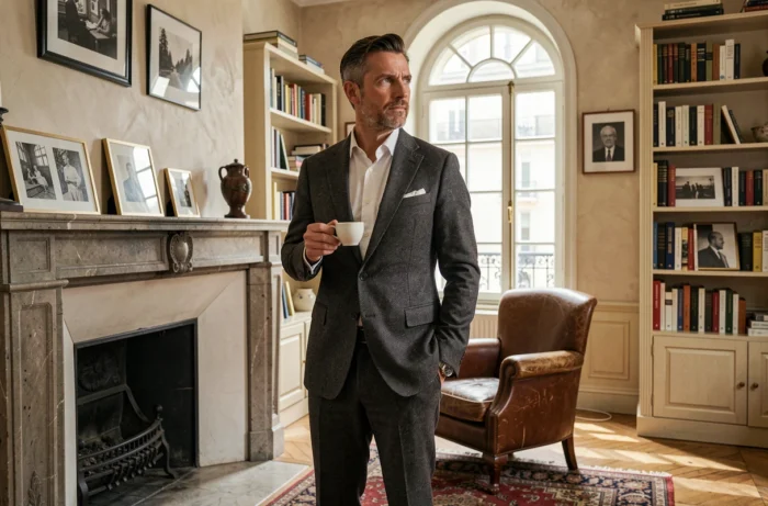 Portrait d'un homme élégant dans un appartement parisien raffiné près d'une cheminée, illustrant l'univers domestique d'une personnalité publique