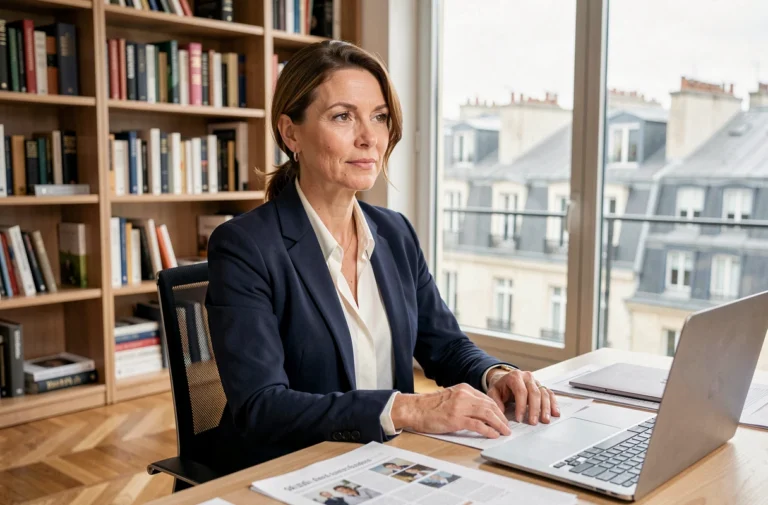 Portrait professionnel d'une journaliste française dans un bureau parisien moderne, évoquant la vie publique et privée d'une personnalité médiatique