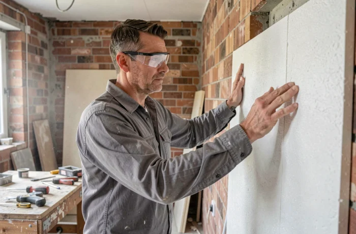 Artisan posant une plaque d'isolant intérieur fin contre un mur en brique lors de travaux de rénovation