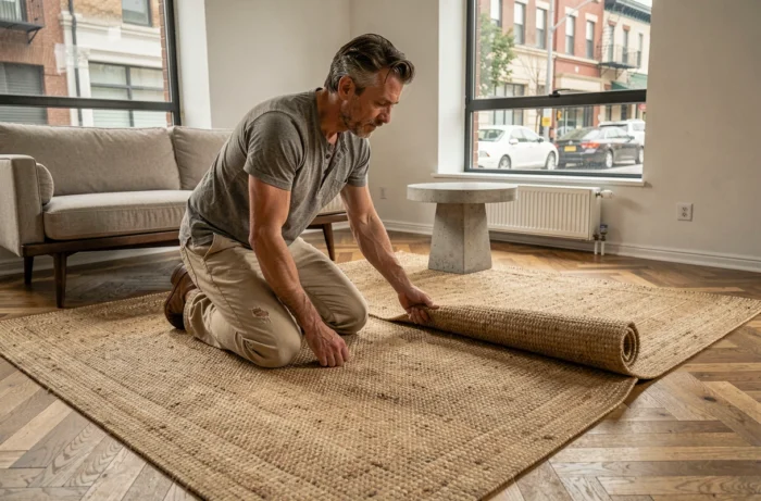 Homme posant un tapis en jute sur un parquet à chevrons dans un appartement moderne