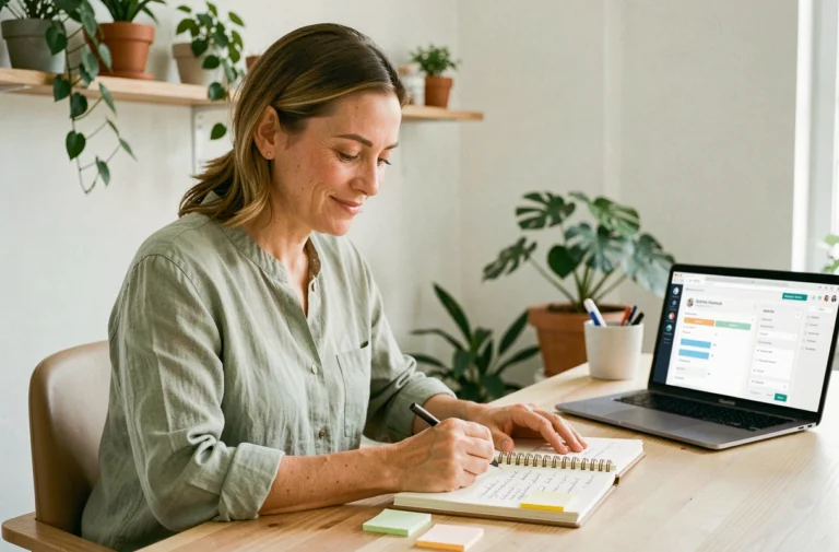 Professionnelle du bien-être planifiant le développement de son activité à son bureau minimaliste avec un cahier de notes et un ordinateur portable