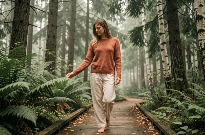 Femme se promenant pieds nus dans une forêt brumeuse pour se ressourcer et améliorer son bien-être mental au quotidien