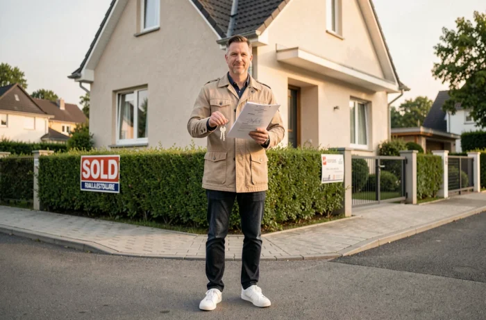 Un homme tient ses clés et son contrat de prêt immobilier devant sa nouvelle maison dans un quartier résidentiel
