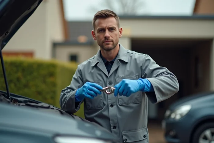 Technicien purgeant le circuit gasoil d'une Peugeot 308 HDi dans une allée résidentielle, clé et vis de purge en main