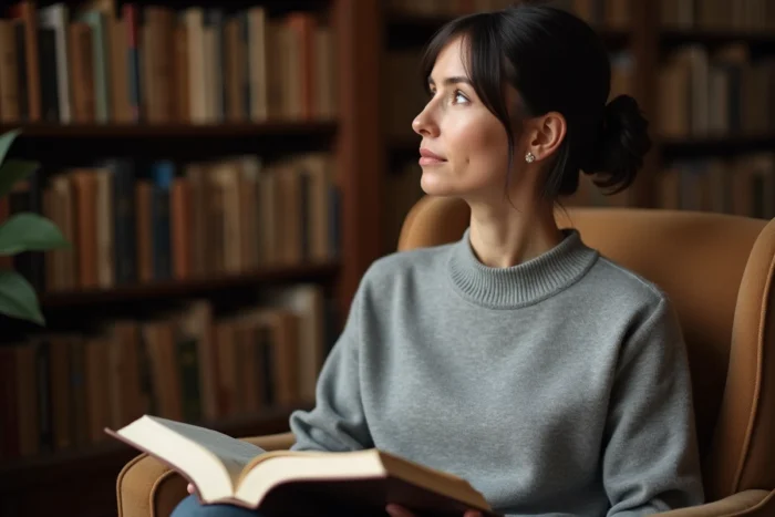 Femme pensive dans une bibliothèque intérieure chaleureuse tenant un livre ouvert, symbolisant la vie intime et culturelle de l'ex-femme de l'acteur Luke Perry