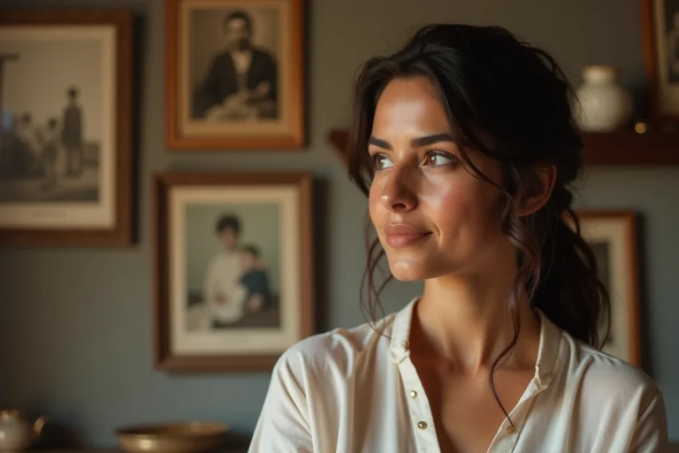Femme aux origines libanaises contemplant des photos de famille dans un intérieur chaleureux aux accents méditerranéens
