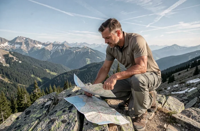 Randonneur masculin consultant une carte sur une crête alpine, illustration parfaite des activités de plein air incontournables en voyage