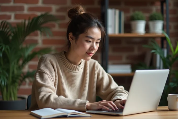 Jeune professionnel recherchant des offres d'emploi sur un ordinateur portable dans un bureau à domicile chaleureux pour développer sa carrière