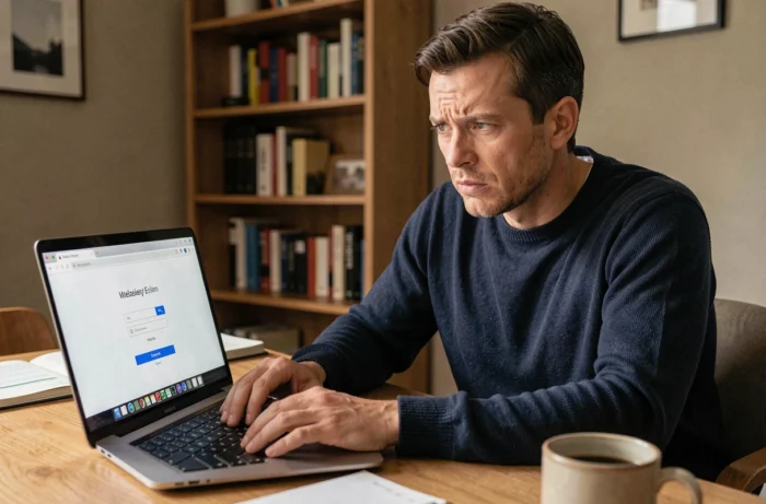 Homme adulte frustré devant un ordinateur portable essayant de récupérer l'accès à son webmail Numericable