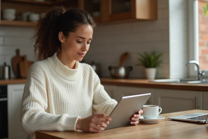 Jeune femme récupérant ses anciennes fiches de paie sur une tablette depuis son domicile via un coffre-fort digital