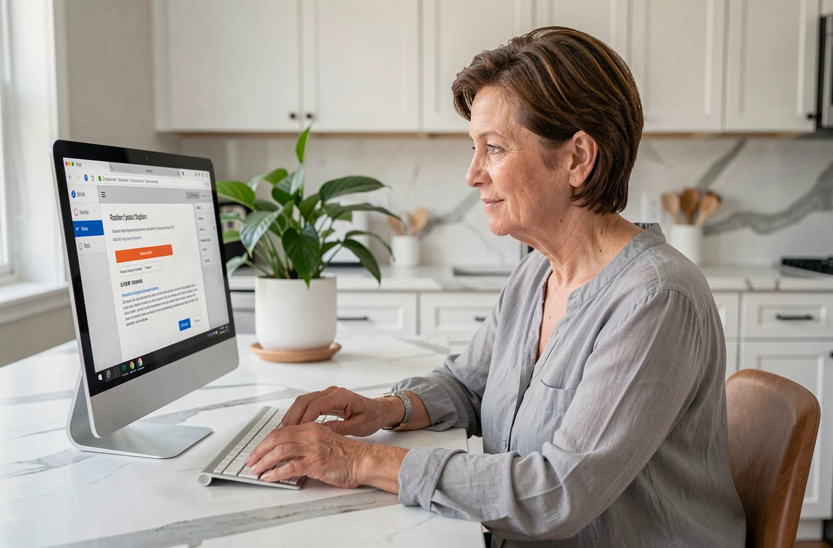 Femme concentrée en train de réinitialiser le mot de passe de son webmail Numericable depuis la cuisine