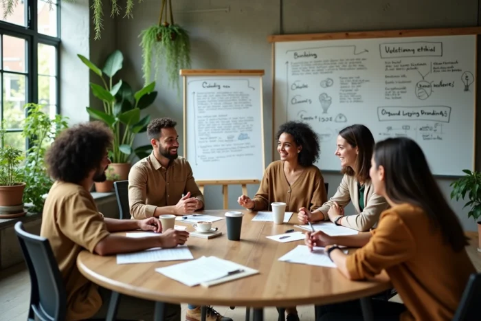 Équipe de professionnels en réunion collaborative autour d'une table en bois recyclé, discutant de stratégies de marketing responsable et éthique