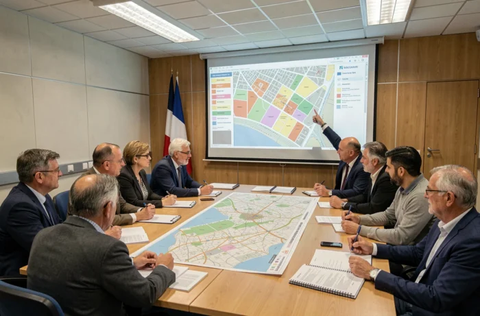 Réunion municipale française avec des élus examinant une carte interactive des quartiers urbains projetée sur écran