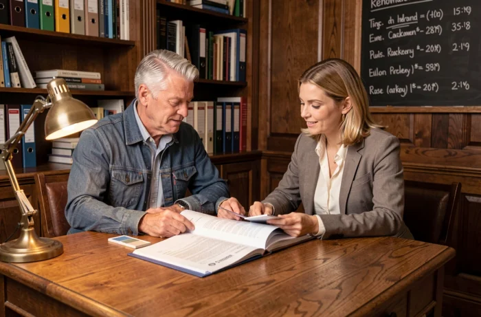 Deux professionnels de l'immobilier artisanal en réunion autour de documents de rénovation dans un bureau style maison de maître
